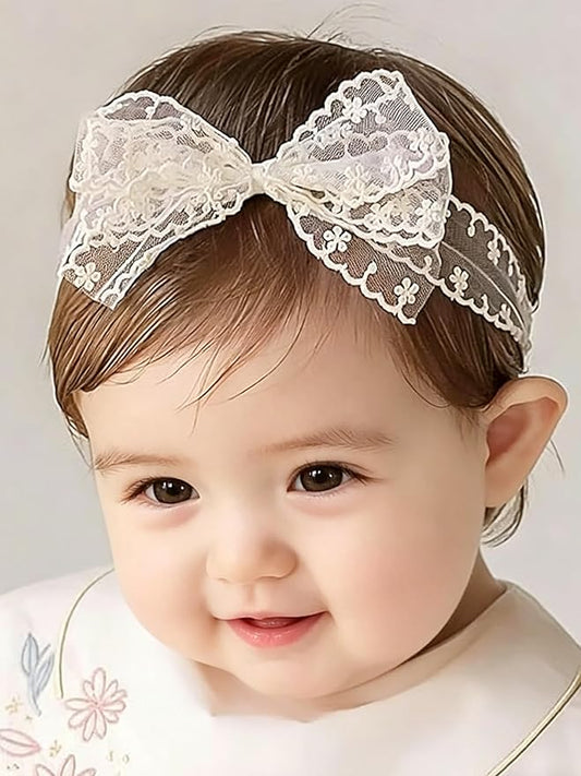 Baby Girls Bow Lace Headband Cute Soft Hairband White Butterfly Knot Headbands for Newborn Infants Toddlers Kids Christening Baptism Birthday Party Hair Accessories（Beige）