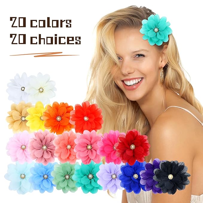 inSowni 20 Pack 9cm /3.5" Chiffon Flower Alligator Hair Clips Lined Duckbill Barrettes Hair Flower Bow Mexican Floral Hair Pins Accessories for Baby Girls Toddlers Kids Teens Women