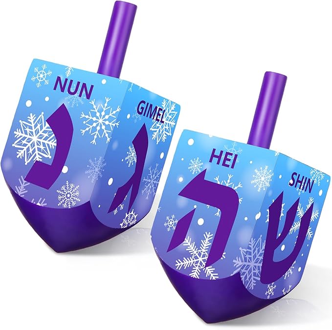 Wonderjune 2 Pcs Hanukkah Dreidels Extra Large Wooden Dreidel for Hanukkah Decoration with English Transliteration, Forever Spinning Tops Party Favors(Snowflake)