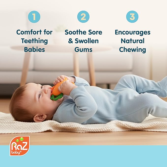 RaZbaby Carrot Teether – Gentle Relief & Sensory Development Support with Safe, Food-Grade Silicone; Nature-Inspired Texture Soothes Sore Gums; 100% BPA-Free Teething Toy for All Ages