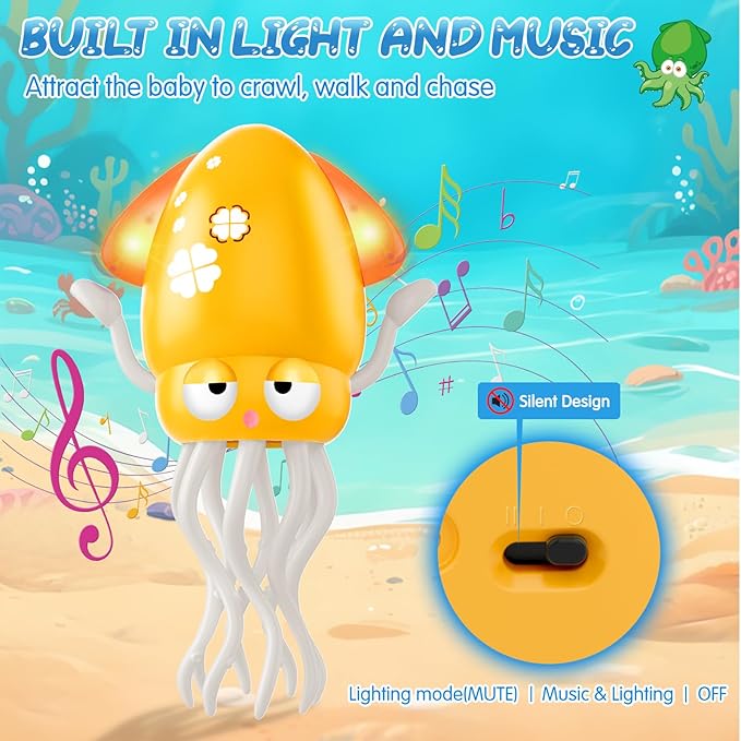AOTIBO Baby Dancing Octopus Toy for 1 2 3 4 5 Year Old Boy Girl, Baby Tummy Time Electric Crawling Octopus Toys 12-18 Months, Dancing Squid Toy for Walking Toddlers, Kids 1st Birthday Gifts, Yellow
