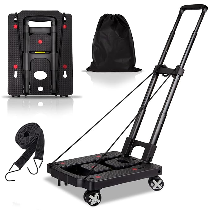 Folding Hand Truck Lightweight,Foldable Dolly with 4 Rotate Wheels,110 lbs Heavy Duty Hand cart for Luggage,Dolly for Moving Travel Shopping Airport Office Use