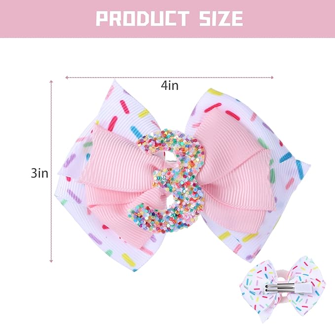 2pcs Birthday Hair Bow for Baby Girls, Sprinkle Confetti 3rd Birthday Decorations for Girls, Ice Cream Party Theme Bow Clips for Baby Girls Pink Hair, Happy 3rd Birthday Girl Hair Bow Clips