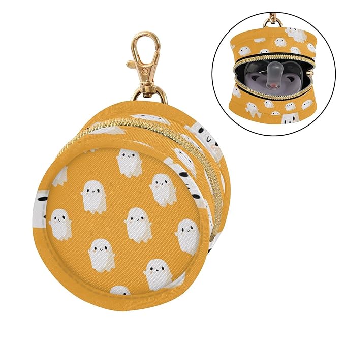 Pacifier Holder with Clip Pacifier Case for Diaper Bag Round Baby Pacifier Pouch Box Bag Portable Halloween Ghosts Light Orange