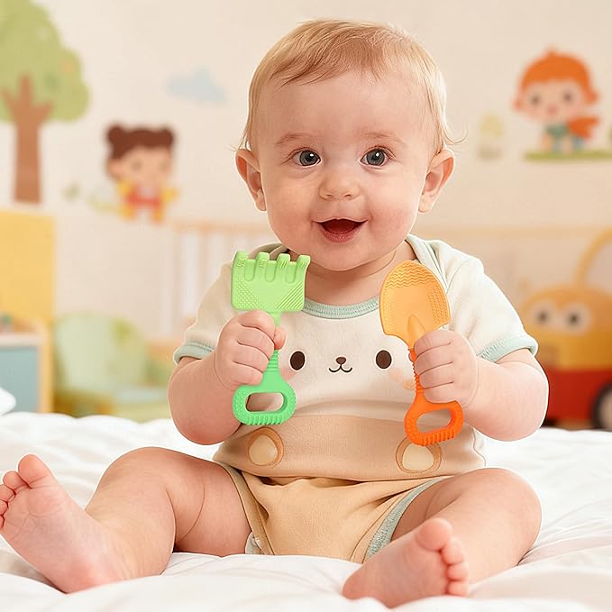 Baby Teething Toys, Baby Teether Toys Shovel & Rake Silicone Teethers for Babies 0-6 Months 6-12 Months, Multi-Texture Gum Massage Teething Relief Easy Grip for Infants Newborn Toddler, 2 Pack