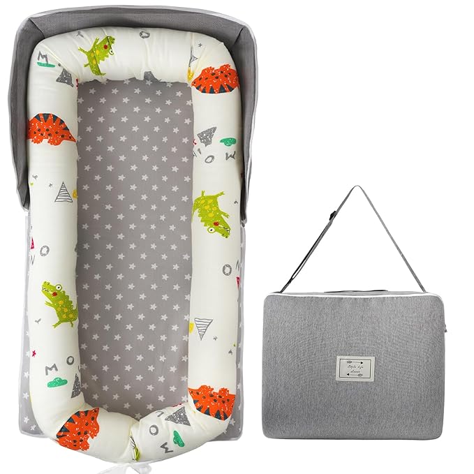 Portable Baby Lounger - Foldable Infant Lounge with Adjustable U-Shaped Bumper & Storage Bag, Breathable Cotton Secure Spot for Supervised Awake-Time Play & Interaction, Crocodile