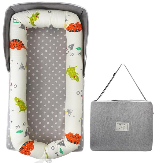 Portable Baby Lounger - Foldable Infant Lounge with Adjustable U-Shaped Bumper & Storage Bag, Breathable Cotton Secure Spot for Supervised Awake-Time Play & Interaction, Crocodile
