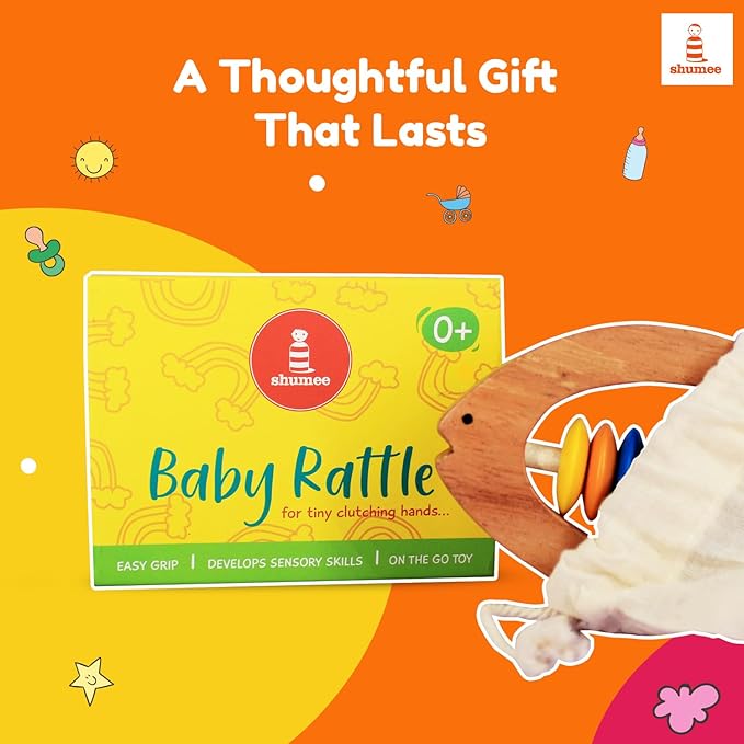 Shumee Wooden Fish Rattle Rings and Teethers for Infants | Sensory Toy | 100% Safe, Natural & Eco-Friendly | 6 Months+