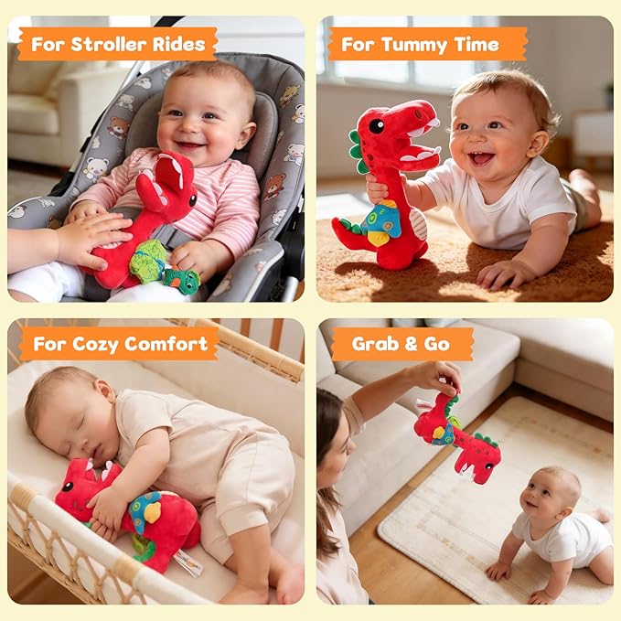 Baby Toy 0-12 Months - BPA-Free Soft Plush Sensory Toy with Gentle Squeaker, Safe Hand Grip & Teething Relief, Portable Newborn Toy for Diaper Bag, Baby Shower Gift (Red Dinosaur)