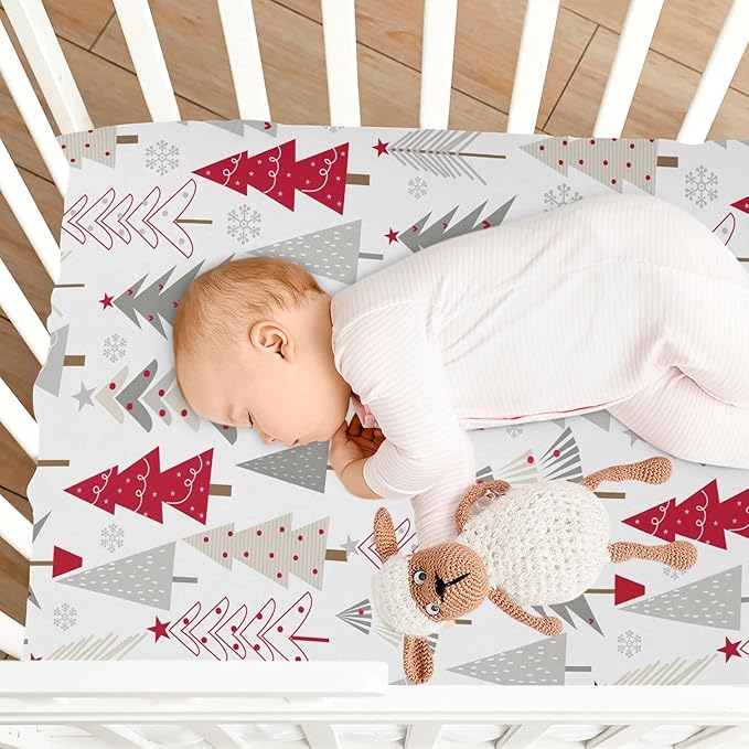 Fitted Crib Sheets Christmas Cartoon Tree Stretchy Portable Playard Sheets for Baby Toddler, Breathable Soft Mini Crib Mattress 52 x 28 in for Boys and Girls