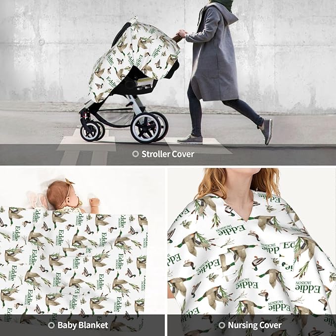 Personalized Baby Car Seat Canopy for Babies, Custom Name Baby Car Seats Covers for Boys Girls, Opening Minky Nursing Breastfeeding Cover for Infant, Carseat Canopies for Newborn (Wild Ducks)
