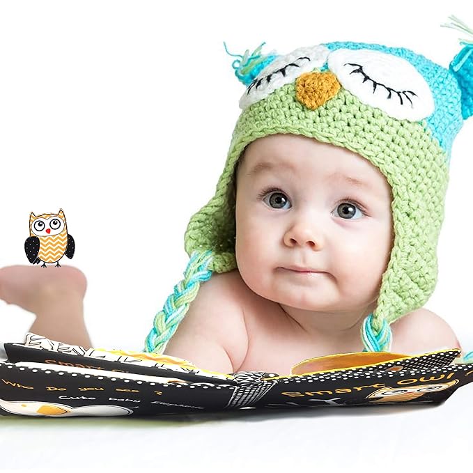 Touch and Feel Cloth Crinkle Books for Babies Infant, Baby Books Toys 0-3-6-12 Months, Easter Shower Baby Gifts, High Contrast Toy,Teething Teethers, Tummy Time Mirror Toys for Boys and Girls-Owl