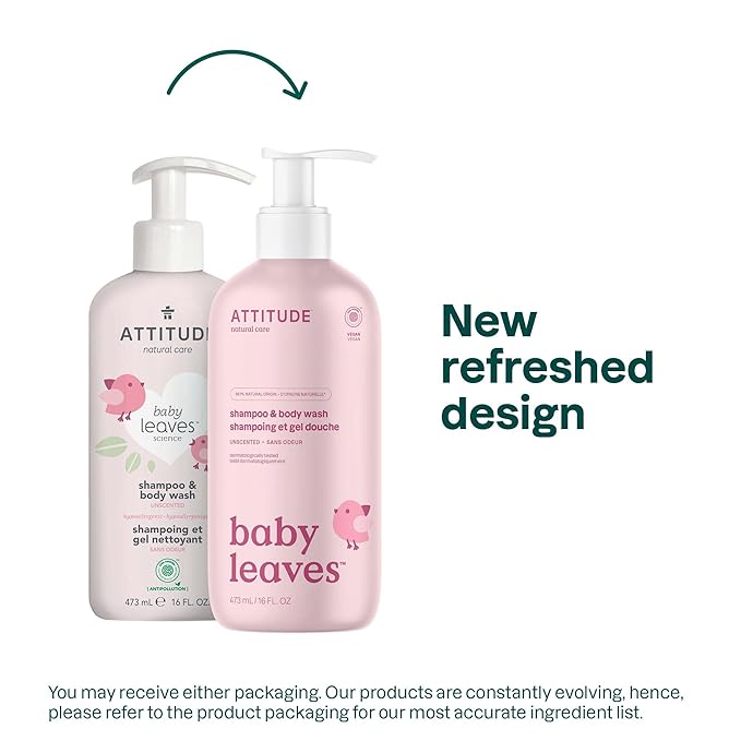 ATTITUDE Baby 2-in-1 Shampoo & Body Wash, EWG Verified, Fragrance Free & Dermatologically Tested, Vegan, Unscented, 16 Fl Oz