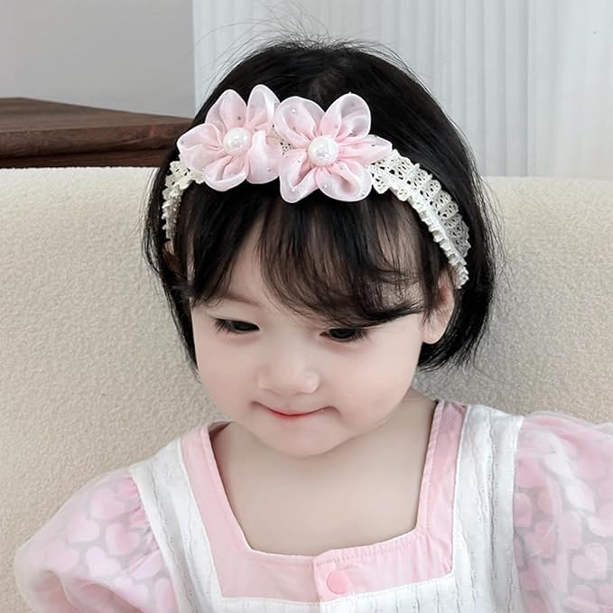 Baby Girls Hairbands Lace Flowers Headband Handmade Soft Stretchy Colorful Flower Hairband Newborn Headbands with Pearls Elastic Hairbands for Infant Head Band (Two Pink Flowers and Pearls)