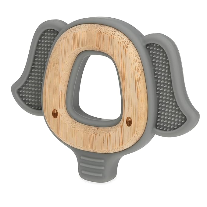 Nuby Natural Wood & Silicone Teether: Elephant, 3M+, Gray