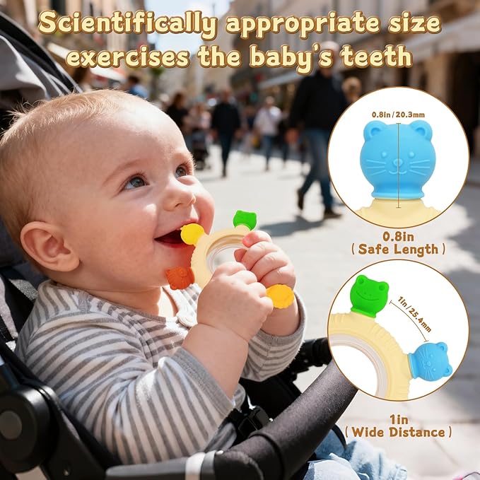 Baby Teething Rings Rattle Toys - BPA-Free Silicone Teether for 0-24 Months Infants & Toddlers, Safe Soft Chew Toys with Rattle Sound, Essential Teething Relief for Babies