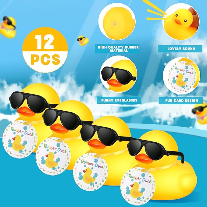 Chivao 12 Pcs Mini Rubber Ducks with Sunglasses/ Glasses and Hats/ Necklace, Cruise Rubber Ducks in Bulk Valentine Gift Small Bathtub Toy for Hiding Party Favor(Card Style,Yellow)
