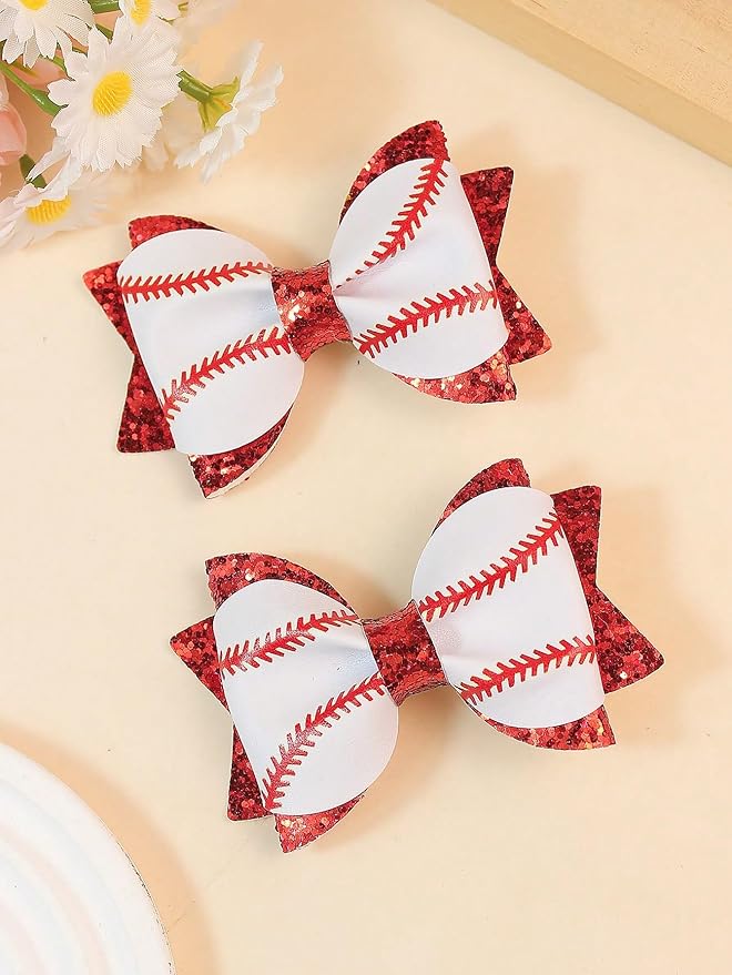 2PCS Baseball Hair Bows with Red Glitter White and Red Leather Sports Theme Hair Accessories Assorted Hair Accessories Alligator Clip for Little Girls Toddler Kids Teens