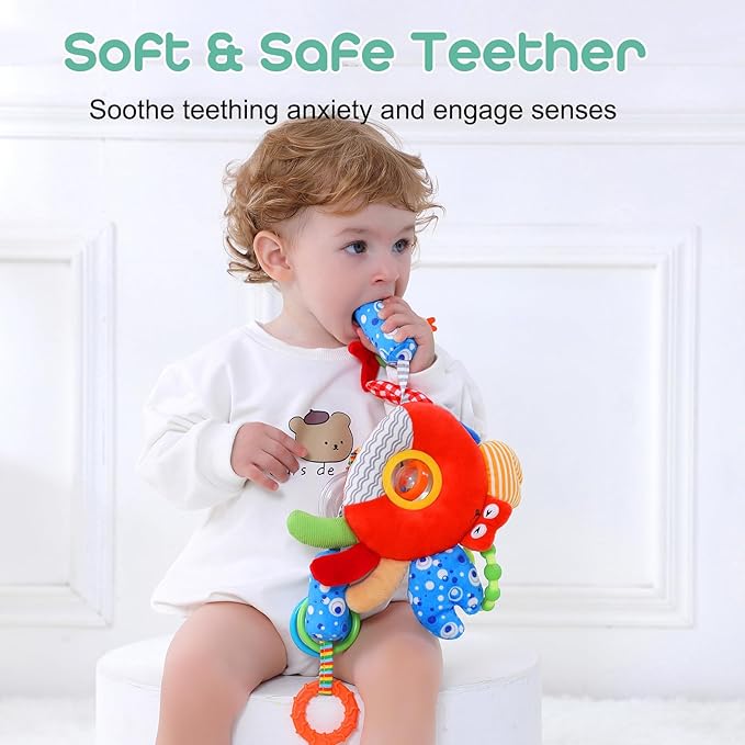 Crab Wind Chime Baby Car Seat Toy - Plush Stroller & Crib Hanging Toy with Teether, Squeaker, Portable Clip, Colorful Clear Rings for Sensory & Cognitive Development Hanging Toys