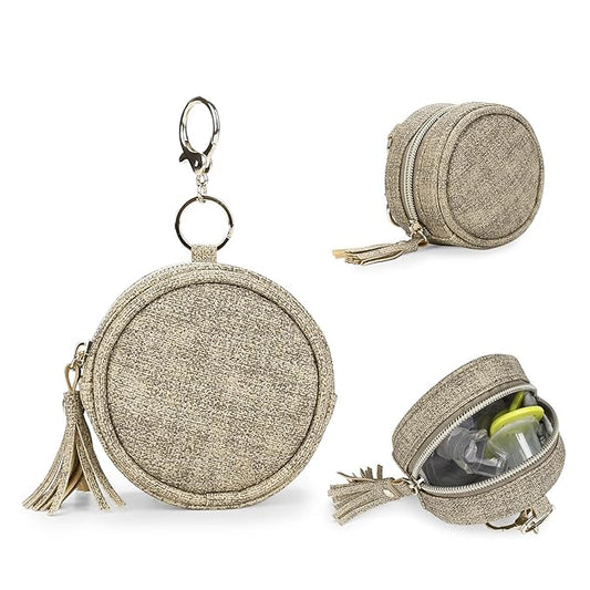 MOMIGO Pacifier Case Bag - Leather Pacifier Holder with Clip for Diaper Bag Stroller Purse Charm, Holds 2 Pacifiers Outdoor Travel (Weave Light Brown)