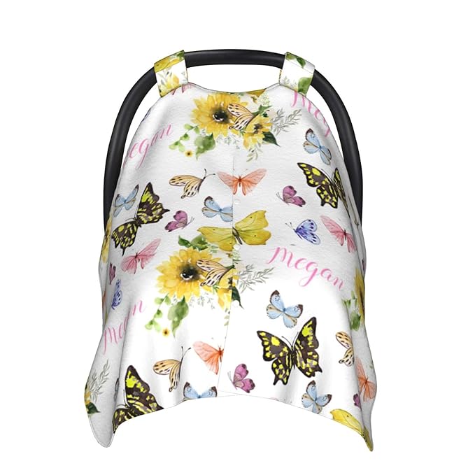 Personalized Baby Car Seat Canopy for Baby Girls, Custom Name Sunflower Butterfly Baby Car Seat Covers for Babies, Opening Minky Nursing Breastfeeding Cover for Infant, Carseat Canopies for Newborn