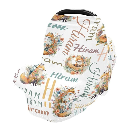 Personalized Monogram Name Baby Car Seat Covers for Girls Boys, Customized Cute Fox Carseat Cover, Breathable Nursing Cover Breastfeeding Scarf, Multi-Use Stroller Canopy for Newborn Infants