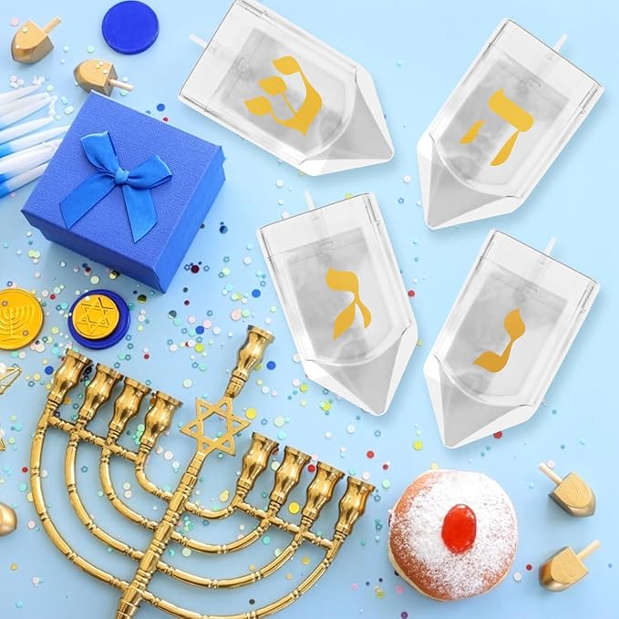 Large Fillable Dreidels for Hanukkah, Pack of 4 Plastic Dreidels Bulk, Clear Large Dreidels That Bring Joy and Tradition to Every Celebration