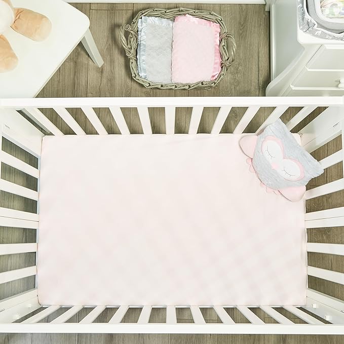 2 Pack n Play Mattress Sheets – 100% Percale Weave Cotton Soft Portable Crib Mattress Sheets for Girls with Owls/Hearts and Solid Pink Design; 2 Pc Playpen Mattress or Mini Crib Sheet Fitted Set