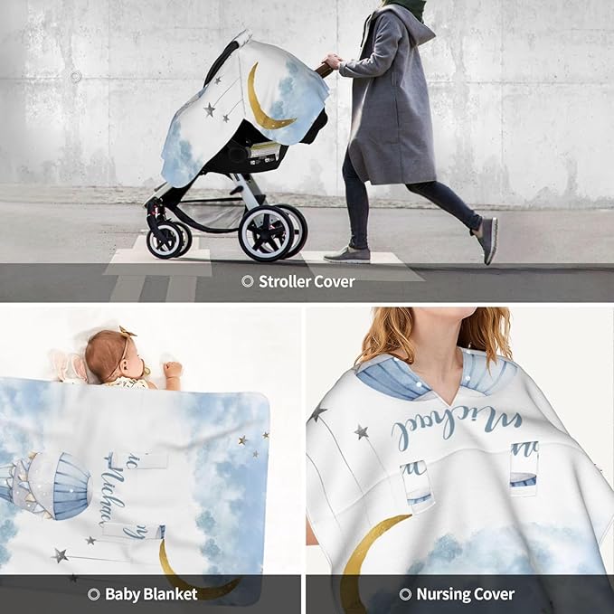 Custom Baby Car Seat Cover with Name – Personalized Hot Air Balloon Nursing Cover, Infant Carseat Canopy, Shopping Cart Cover – Soft, Breathable & Warm – Ideal Shower Gift for Baby Boys & Girls