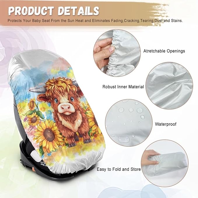 XYZCANDO Sunflower Insulated Car Seat Cover Highland Cow Car Seat Protector for Child Car Seat Stretch Car Seat Covers for Babies Girl Waterproof Infant Car Seat Protector Gift for Wife