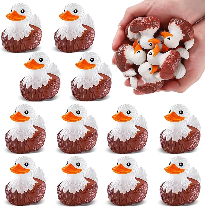 12 PCS Bald Eagle Rubber Ducks, Patriotic Bald Eagle Ducks for Jeeps, Ducks for Cruising Ships Hiding Carnival Ducking Bath Toys, Animal Ducks Collection, Baby Shower Easter Basket Stuffers for Kids