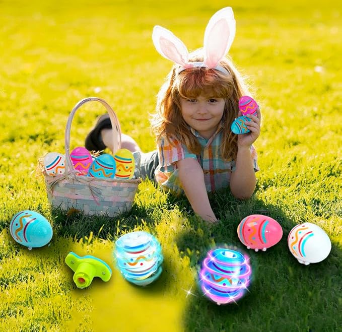 Easter Basket Stuffers for Kids-6 Packs Light Up Spinning Tops Toys with Music Easter Gifts Toys for Kids Toddlers Easter Eggs Fillers Easter Basket Essentials