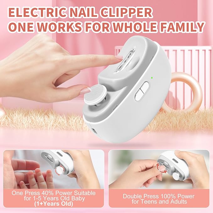 Electric Nail Clipper & Baby Nail Trimmer Polisher 3 in 1 (Not for Toenail) with Nail Scraps Storage, LED Light, 2 Speeds, Rechargeable Fingernail Clipper for Baby, Adults, Seniors, White