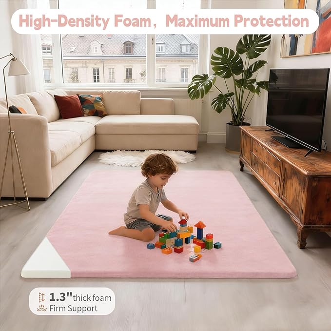Velvet Baby Play Mat for Floor, 1.3" Thick Elasti-Foam 47"×47" Playpen Mat with Removable & Washable Velvet Cover for Toddler, Infant,Kids, Non-Slip Crawling Mat for Tummy Time (Pink)