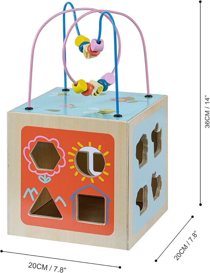 Teamson Kids Preschool Play Lab 4-in-1 Large Wooden Activity Cube Bead Maze Animal Sorter for Kids Baby Toys, Natural
