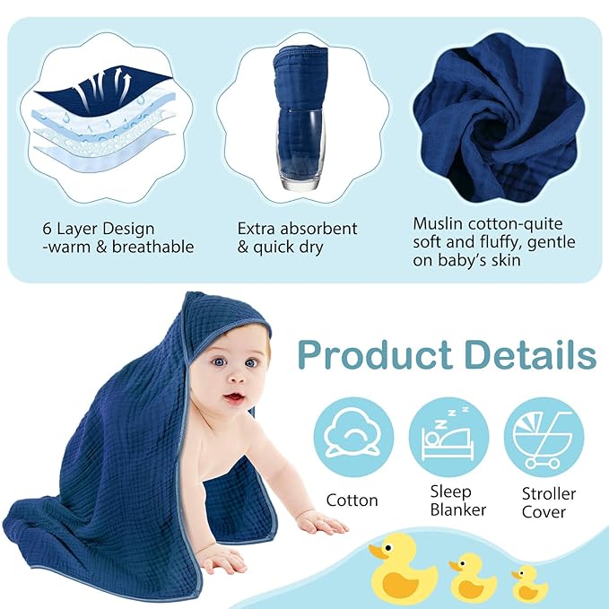 Peryiter 4 Pcs Muslin Hooded Baby Towels 32 x 32 Inch Cotton Newborn Bath Essentials Muslin Infant Blankets Absorbent Registry Gifts for Girl Boy Kids Baby Shower (Blue Series)