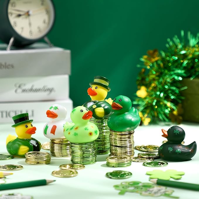 Jerify 48 Pcs St. Patrick's Day Rubber Ducks 6 Styles Shamrock Ducks for Bath Pool Birthday Irish St. Patrick's Day Gifts for Party Favors Accessories Holiday