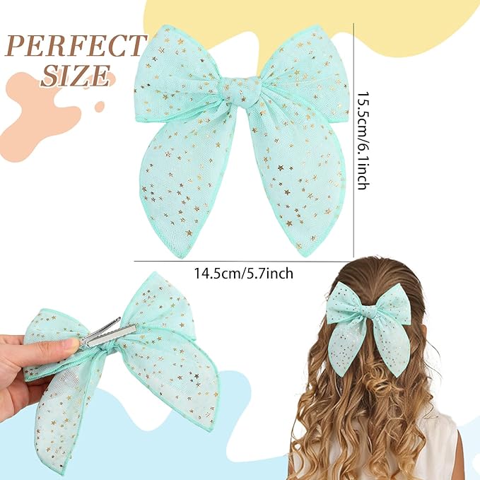 TOKUFAGU 7PCS Hair Bows for Girls, Tulle Stars Hairs Barrettes Colorful Alligator Clips Wedding Hair Accessories for Girls Infants Toddler Teens Women Party