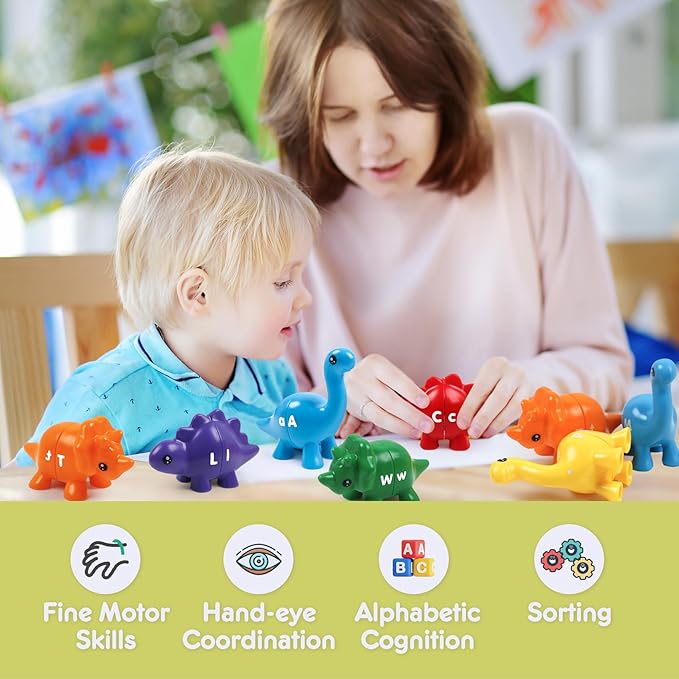 GKDOMS 26pcs Alphabet Dinosaurs Matching Toy, Toddlers ABC Learning Dinosaurs with Uppercase Lowercase, Match and Snap Fine Motor Game Preschool Learning Activities, Birthday Gifts for Boys & Girls