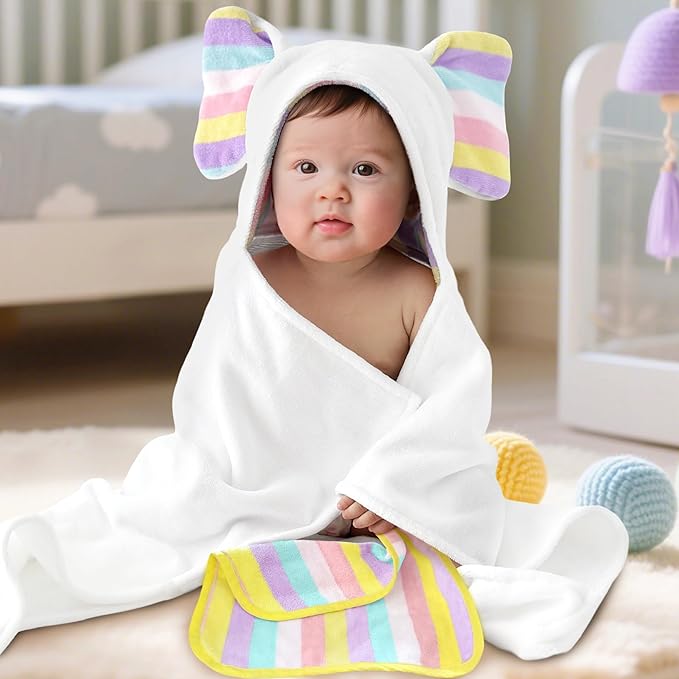 VOOVA & MOVAS Cute Elephant Ears Large Hooded Towel for Baby – 100% Cotton, 420GSM, Thick & Super Absorbent – 33" x 31.5", for 0–18 Months – Newborn, Toddler, Infant Bath Towel, Baby Essentials，White