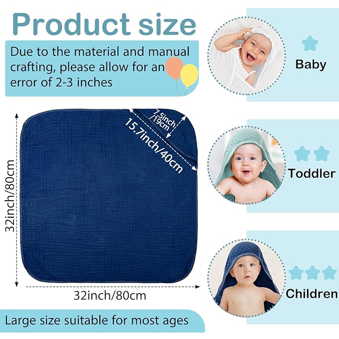 Peryiter 4 Pcs Muslin Hooded Baby Towels 32 x 32 Inch Cotton Newborn Bath Essentials Muslin Infant Blankets Absorbent Registry Gifts for Girl Boy Kids Baby Shower (Blue Series)
