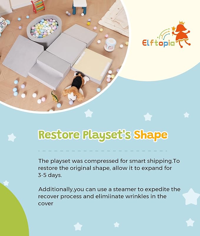 Elftopia Foam Climbing Blocks with Ball Pit & Stairs for Toddlers Aged 1-3 -Soft Playset for Indoor Crawling, Foam Playground Set for Baby to Active Playing Inside -(Balls NOT Included),Grey