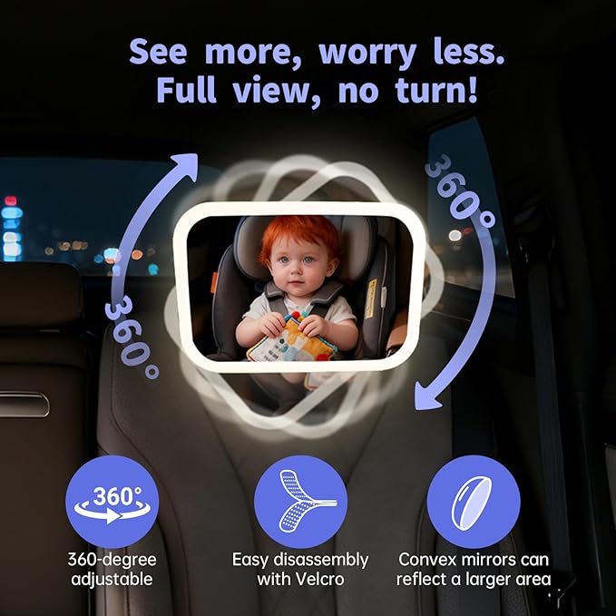 Baby Car Mirror with Remote Control Light, Shatterproof, 360° Adjustable Wide View with Night Vision, Easy Install for Rear Facing Infant Backseat