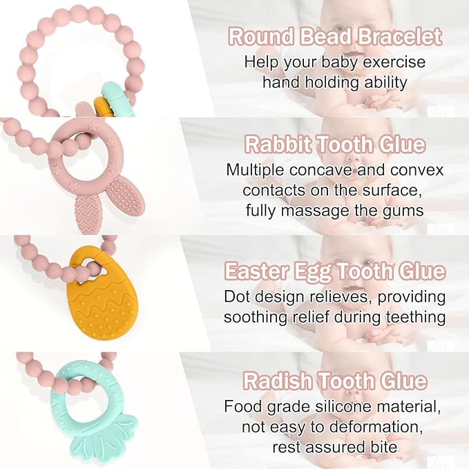 Easter Silicone Teething Toys, 3 Months+, Infant Baby Easter Basket Stuffers for Babies, Baby's Easter Egg Rabbit Carrot Teether Toy, Easter Gift for Girl or Boy (Pink)