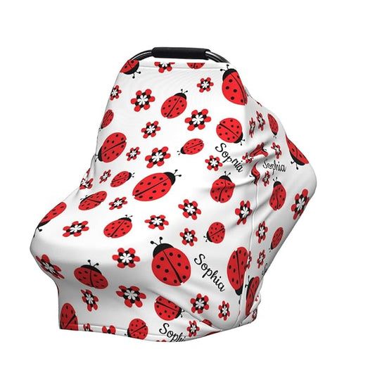 Personalized Baby Car Seat Cover for Boys Girls, Custom Lady Bug Nursing Covers for Breastfeeding with Name, Infant Stroller Cover, Baby Carseat Canopy for Newborn, Multiuse Car Seat Canopies