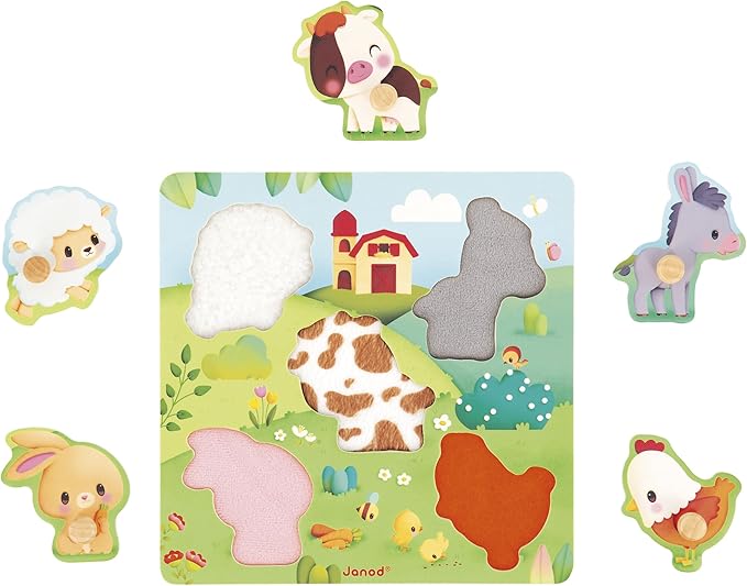 Janod - 5-Piece Wooden Tactile Puzzle - Farm Theme - Interlocking Puzzle with Textures - Educational Game - Touch, Fine Motor Skills and Concentration - from 18 Months, J07129