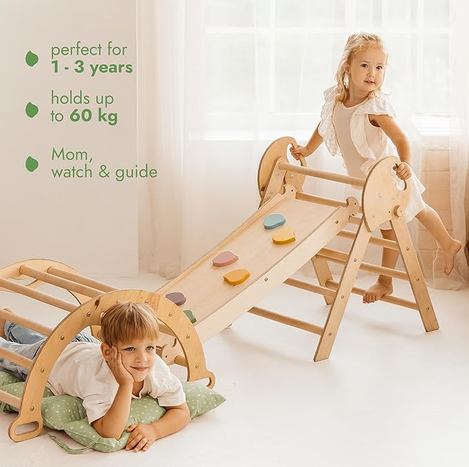 Goodevas 5-in-1 Toddler Climbing Toys Indoor Set - Pikler Triangle, Climbing Arch, Balance Cushion, Montessori Climbing Gym for Toddlers 1-3, Foldable Wooden Baby Activity Center, Jungle Gym for Kids