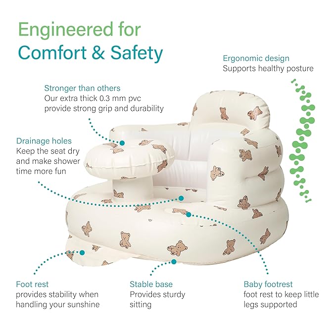 Solens Inflatable Baby Seat for Sitting Up with Tray & Back Support, Baby Sit Up Chair with Built-in Air Pump, Waterproof Floor Seat for Infants & Toddlers, Includes Carry Pouch, Bear