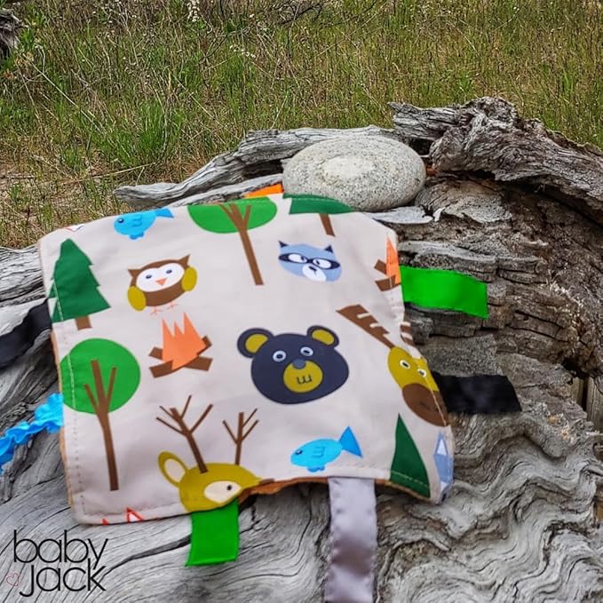 Baby Jack & Co 8x8” Forest Woodland Animal Lovey Tag Toys for Babies - Crinkle Toys for Developing 5 Senses - Soft & Safe - Learn Shapes & Colors - Soother & Tummy Time - BPA Free w/Stroller Clip