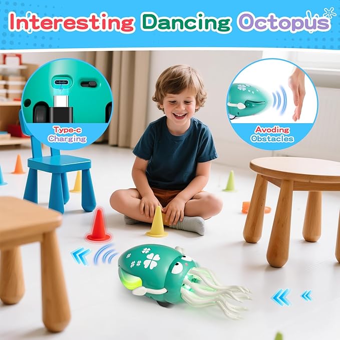 MACALOCA Dancing Squid Baby Toy, Dancing Octopus Tummy Time Toys for Toddlers, Infant Crawling Walking Baby Toys with Music & Light for 3-6 6-12 12-18 Kids Boys 1st Baby Birthday Gifts